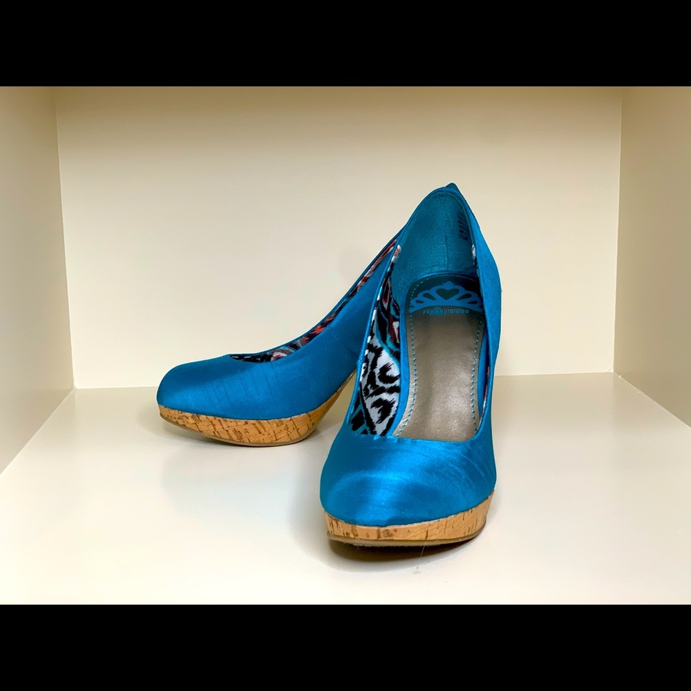Bright blue and cork Fergalicious platform pump